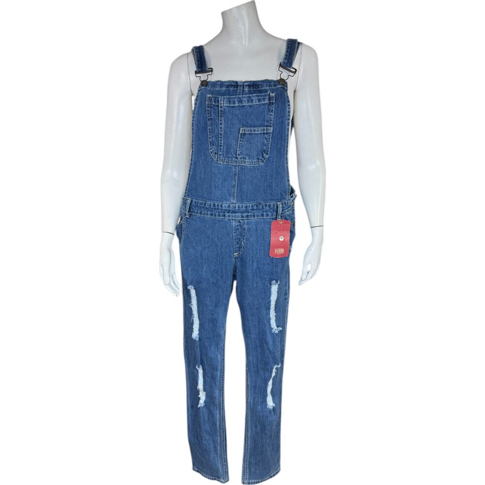 Fashio Women's 16 Distressed Straight Leg Denim Overalls‎ Adjustable Straps